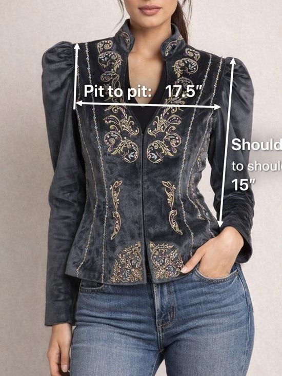 Jackets & Blazers - Charcoal Grey Velour Embroidered Jacket Puff Sleeve Boho Vintage Inspired  NWOT